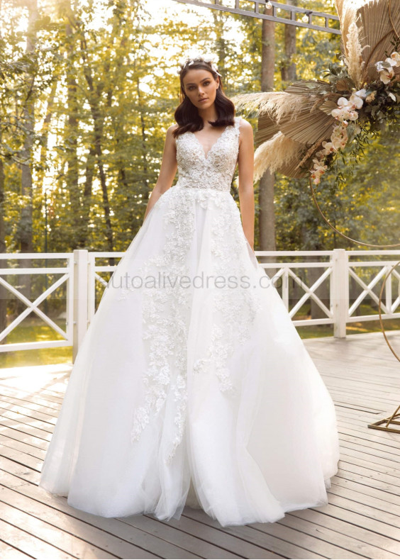 V Neck Pearls Beaded Ivory Lace Tulle Sparkly Wedding Dress V Neck Pearls Beaded Ivory Lace Tulle Sparkly Wedding Dress